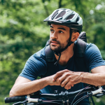 Man sitting on bicycle wearing bike helmet.