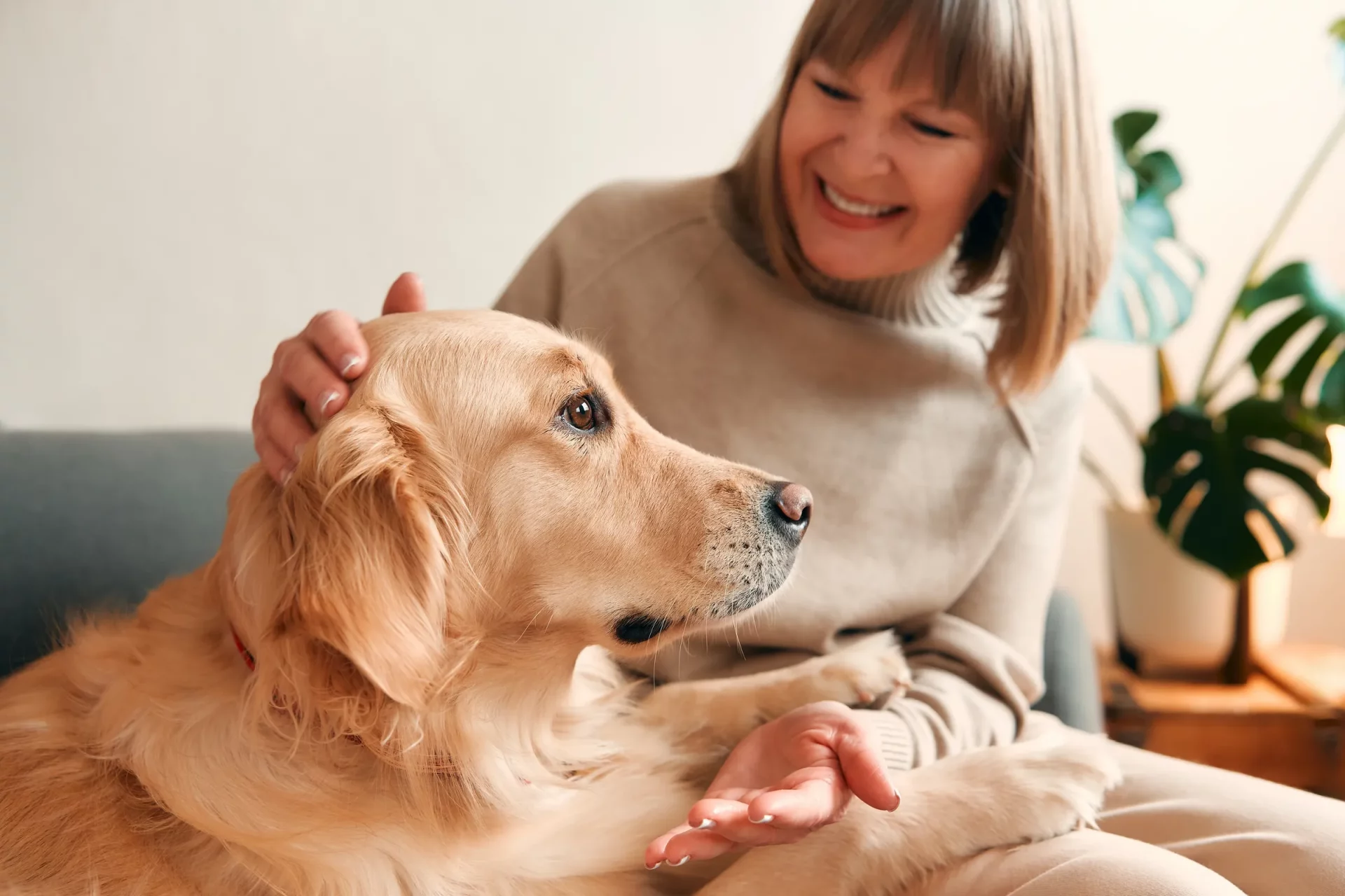 woman smiling, petting dog